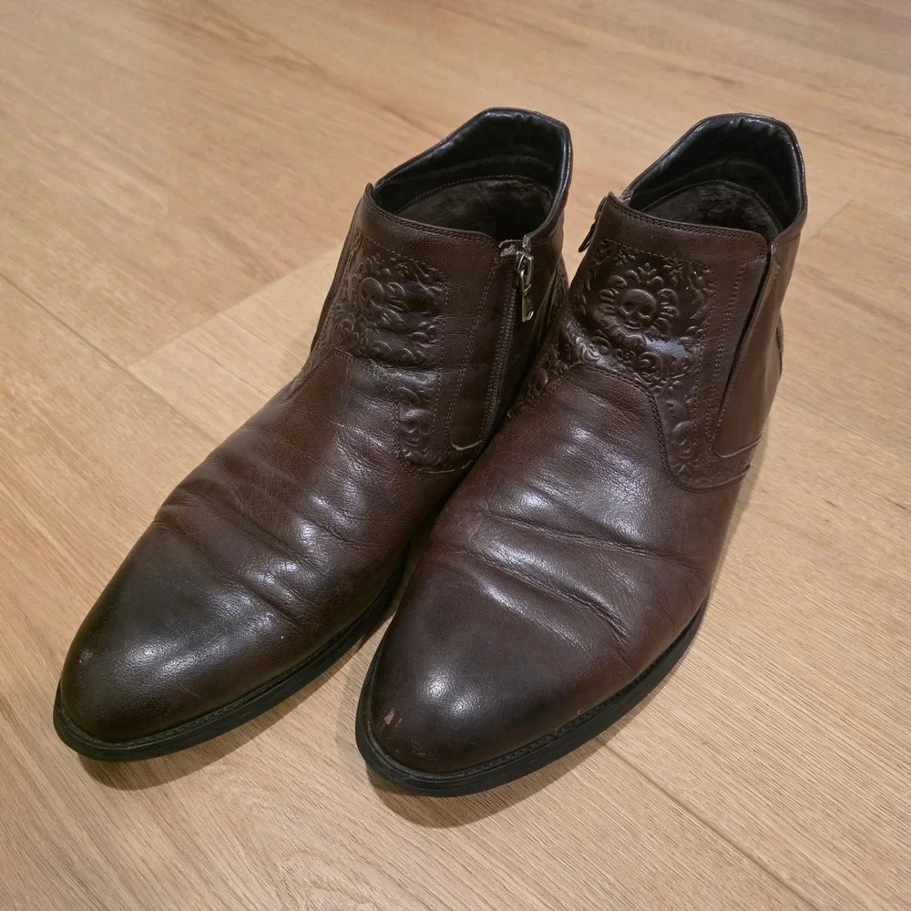 Robert Graham Navarra Brown Leather Dress Boots Size 12 Skull Embossed Zip Ankle